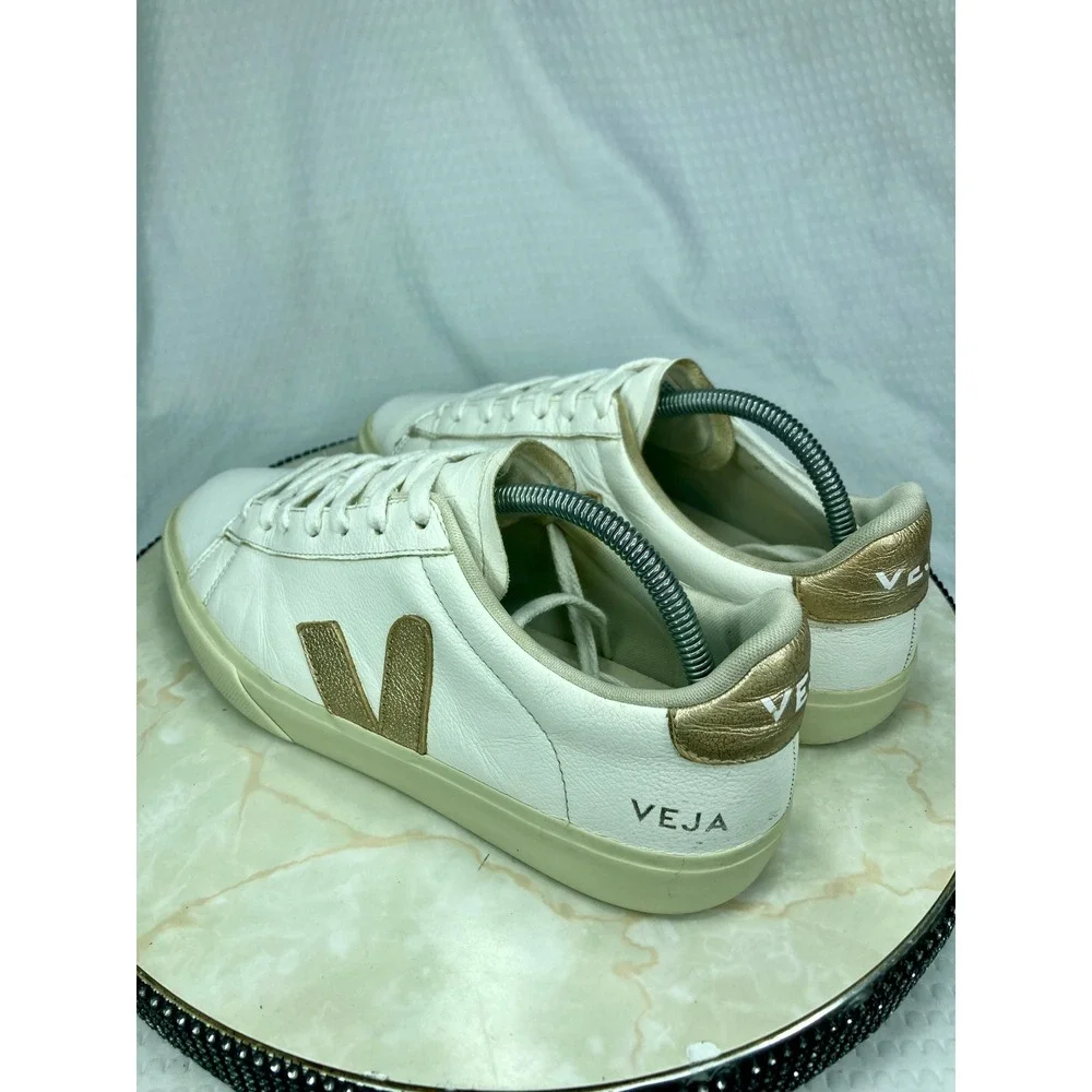 Veja Esplar Metallic Leather Shoes Women 9.5 Gold White Low Top Lace Up Sneakers